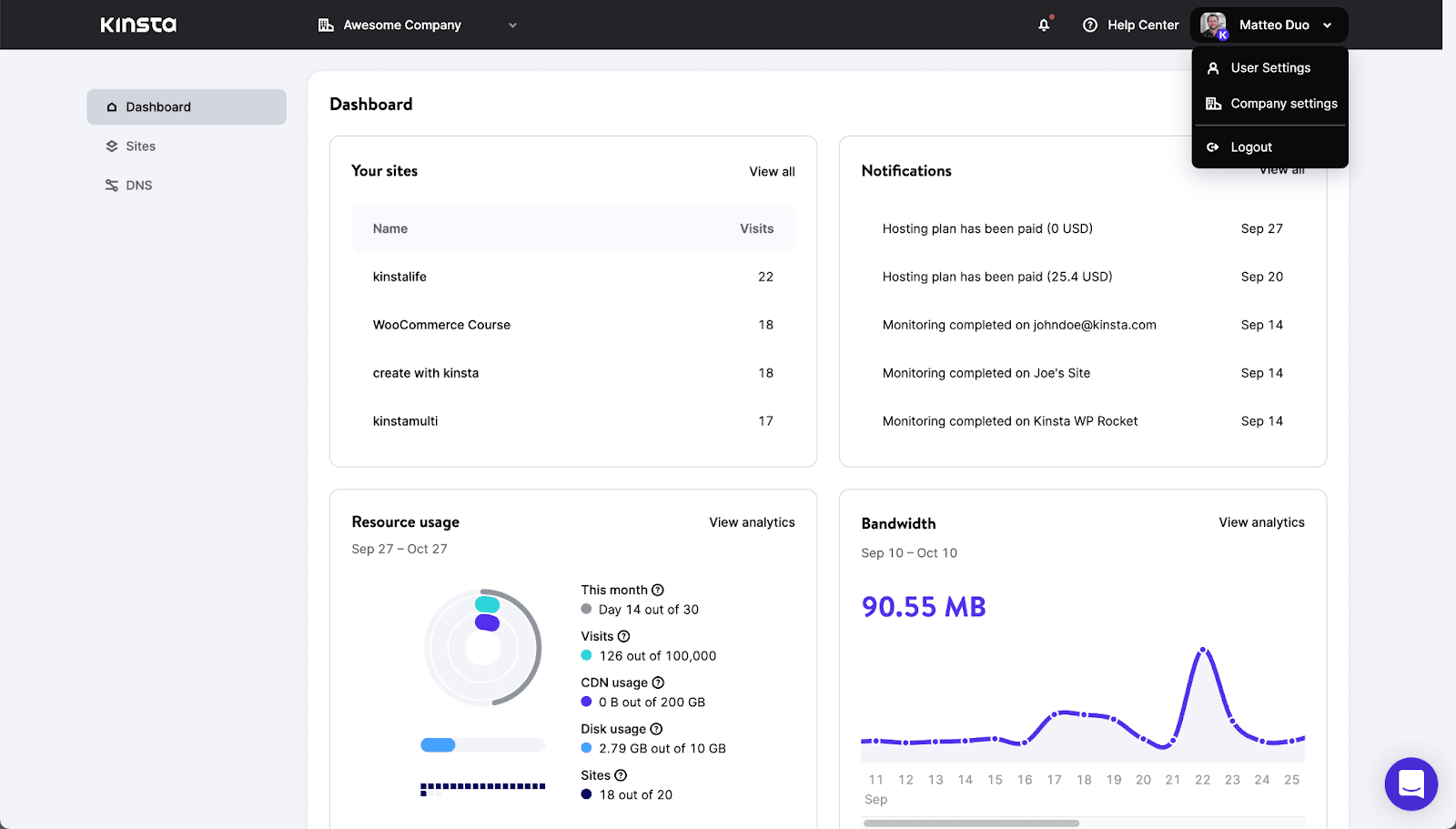 Kinsta Dashboard Interface