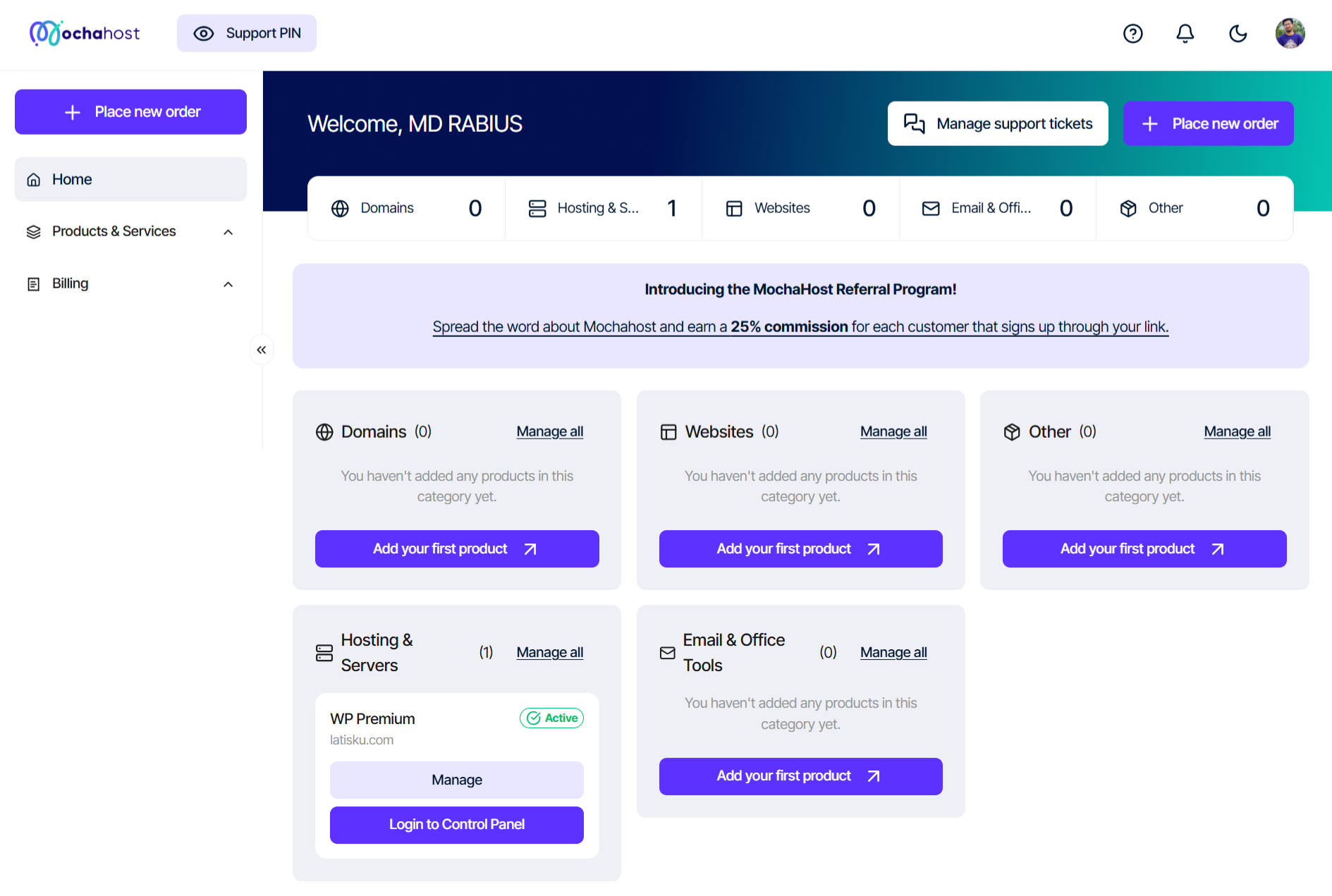 Mochahost Dashboard Overview
