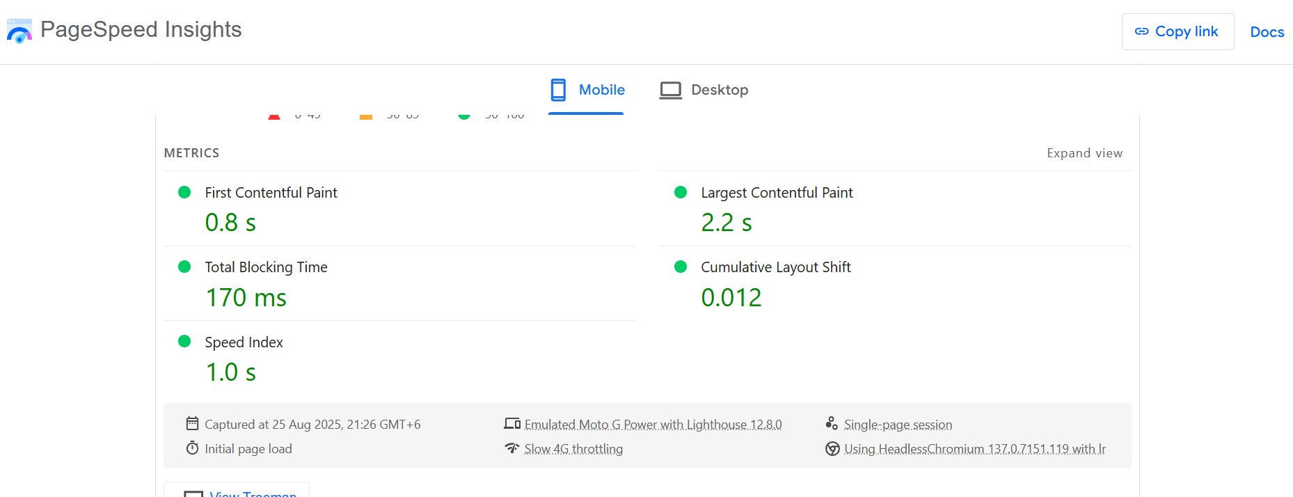 Mochahost PageSpeed Insights Results