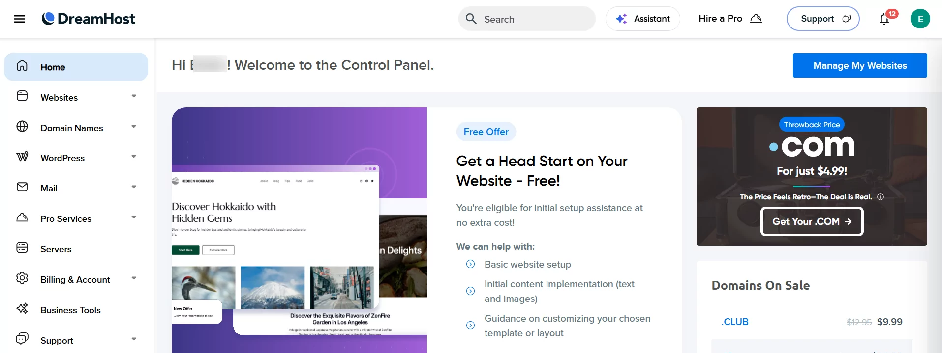 DreamHost dashboard Experience
