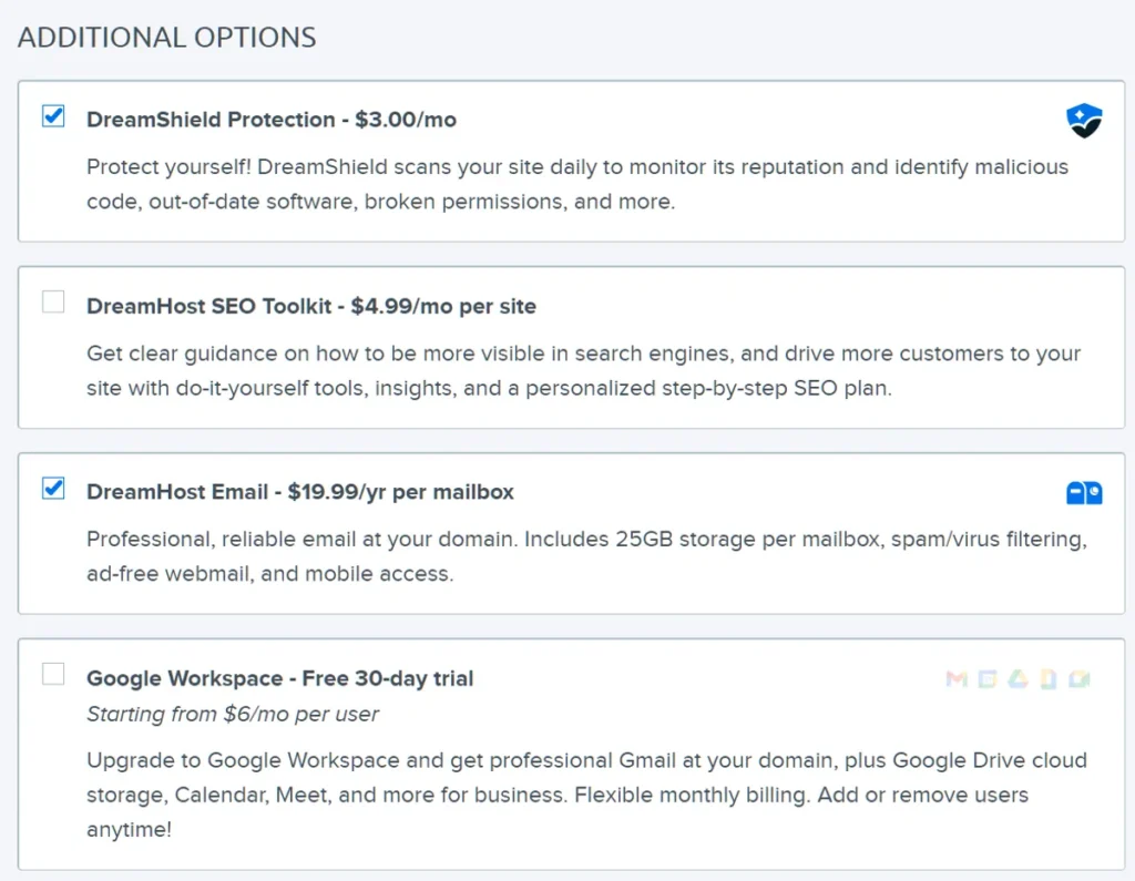 DreamHost Additional Features on Purchase process