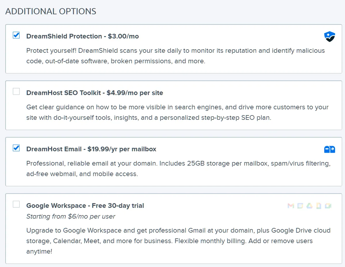 DreamHost Additional Features on Purchase process