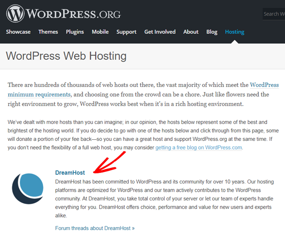 DreamHost recommendation from WordPress Org