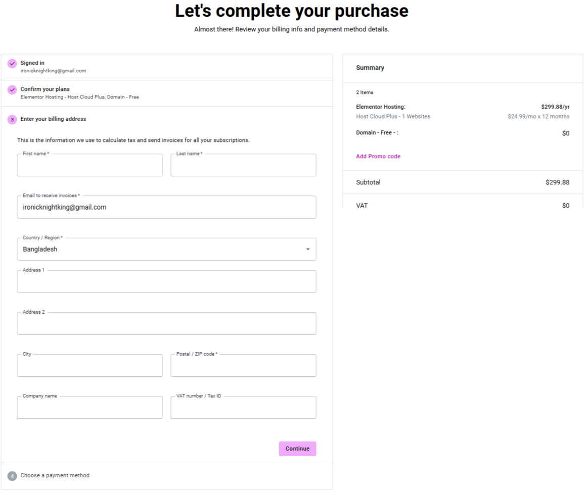 Elementor Hosting Checkout